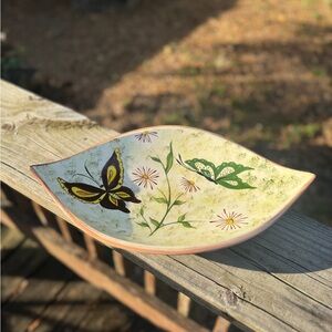 1970s Hand Painted Ceramic Butterfly Floral Decorative Bowl Dish
